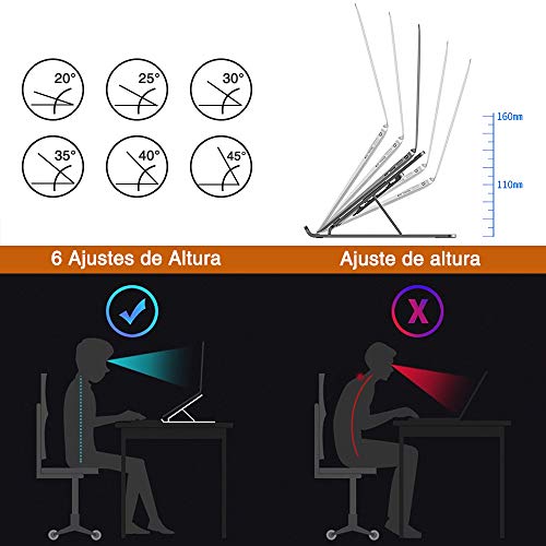 Soporte Portátil Mesa 6 Ángulos Ajustables, Plástico ABS+silicona+aleación de aluminio, Soporte Ordenador Ventilado Plegable, Laptop Stand, Ligero Soporte Mesa para Macbook DELL XPS, HP, PC 10-15.6"