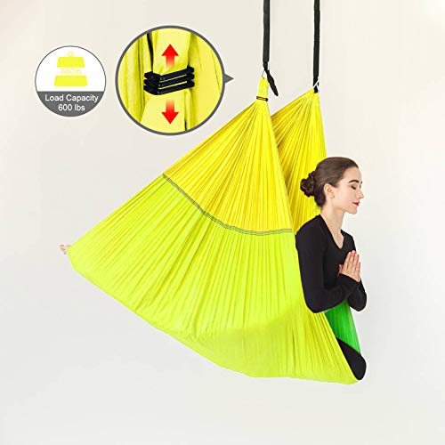 Sotech - Antigravity Yoga Hammock, Yoga Swing Set, Green/Yellow, Daisy Chain 1.2 Meters, Tamaño: 250 x 150 cm, Tamaño Plegado: 26 x 24 x 11 cm