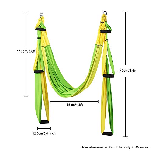 Sotech - Antigravity Yoga Hammock, Yoga Swing Set, Green/Yellow, Daisy Chain 1.2 Meters, Tamaño: 250 x 150 cm, Tamaño Plegado: 26 x 24 x 11 cm