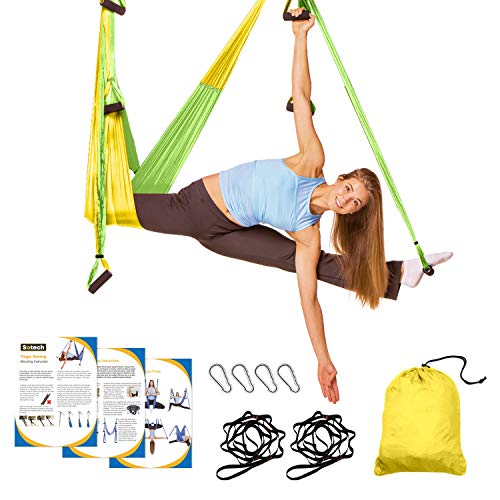 Sotech - Antigravity Yoga Hammock, Yoga Swing Set, Green/Yellow, Daisy Chain 1.2 Meters, Tamaño: 250 x 150 cm, Tamaño Plegado: 26 x 24 x 11 cm