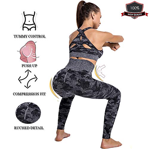 SotRong Adelgazantes Mallas Running Mujer Camuflaje Pantalones Deportivos Push Up Leggings Yoga Anticeluliticas Desigual Negro M