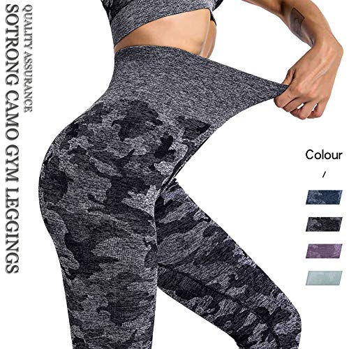 SotRong Adelgazantes Mallas Running Mujer Camuflaje Pantalones Deportivos Push Up Leggings Yoga Anticeluliticas Desigual Negro M