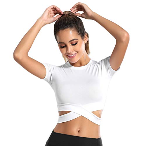 SotRong Camiseta cruzada para mujer, para entrenamiento, gimnasio, manga corta, para yoga, correr, para mujer SotRong Camiseta cruzada para mujer, para entrenamiento, gimnasio, manga corta, para yoga, correr, para mujer