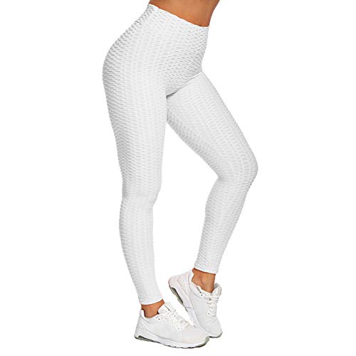 SotRong - Pantalones de yoga para mujer, cintura alta, con fruncido, para gimnasio, control de barriga, levantamiento de glúteos, Primavera-Verano, Mujer, color blanco, tamaño 40-42