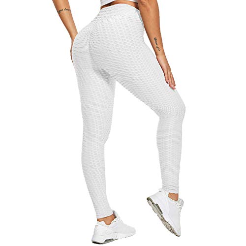 SotRong - Pantalones de yoga para mujer, cintura alta, con fruncido, para gimnasio, control de barriga, levantamiento de glúteos, Primavera-Verano, Mujer, color blanco, tamaño 40-42