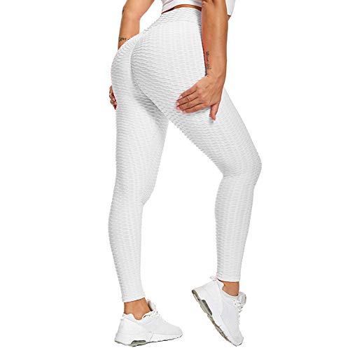 SotRong - Pantalones de yoga para mujer, cintura alta, con fruncido, para gimnasio, control de barriga, levantamiento de glúteos, Primavera-Verano, Mujer, color blanco, tamaño 40-42