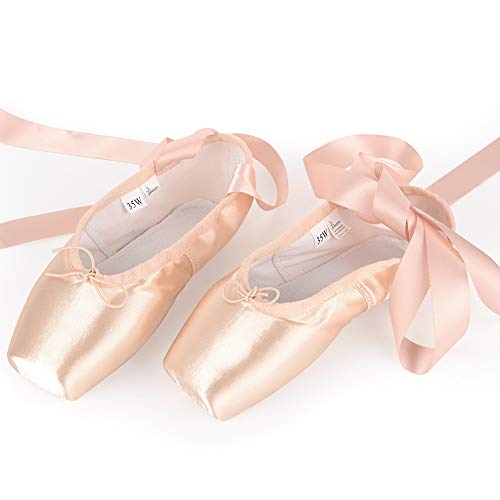 Soudittur Zapatillas de Ballet de Punta Pointe Zapatos Satén con Puntera de Gel de Silicona y Cintas para Niñas Rosa EU 33