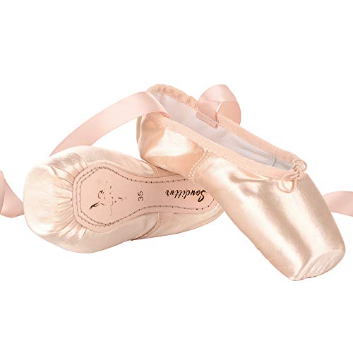 Soudittur Zapatillas de Ballet de Punta Pointe Zapatos Satén con Puntera de Gel de Silicona y Cintas para Niñas Rosa EU 33