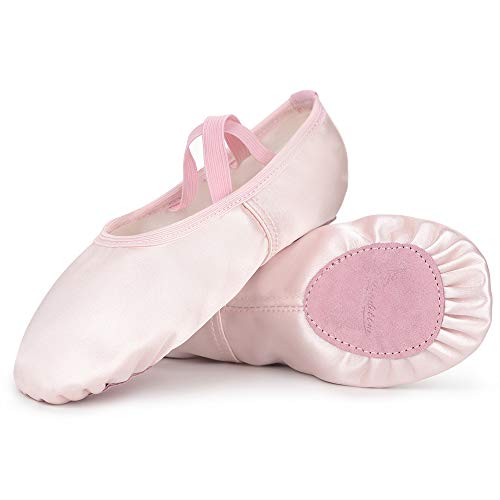 Soudittur Zapatillas de Ballet Satén -Media Punta Calzado de Danza para Niña y Mujer Adultos Suela Partida de Cuero Rosa Tallas 25 (Elija Un Tamaño Más Grande)