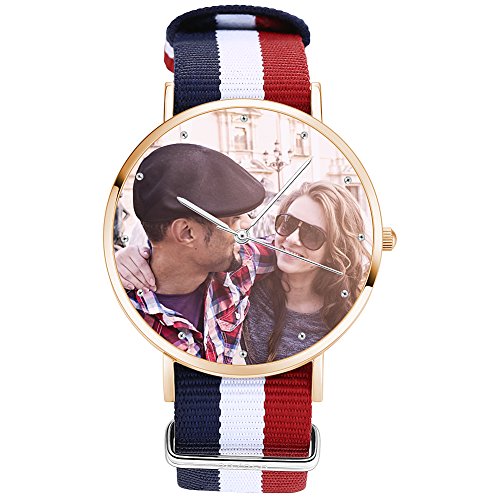 SOUFEEL Reloj Personalizado Foto y Grabado Caracteres Banda Nylon Impermeable Ultra-Delgada Clásico Regalo para Familia Mujer Novia Bebe Nuevo con Caja Elegante