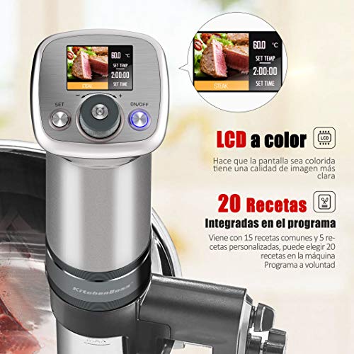 Sous Vide Roner Baja Temperatura: KitchenBoss Roner Precisión |1100w |230V |Color LCD |IPX7 Impermeable |Motor CC sin Escobillas |Máquina de Cocción con 15 Recetas Integradas, G320 Pro Plata