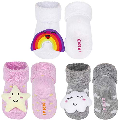 soxo Calcetines de Color para Bebe | Paquete de 3 | Talla 16-18 | para Niñas y Niños de 0 a 12 Meses | Calcetines Sonajero Animales de Algodón | Antialérgicos y no Irritan la piel