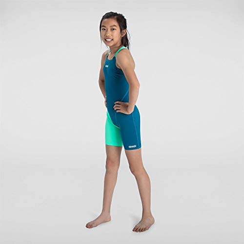 Speedo Fastskin Junior Endurance+ Openback Kneeskin Traje Neopreno, Niñas, Nordic Teal/Green Glow/White, 32