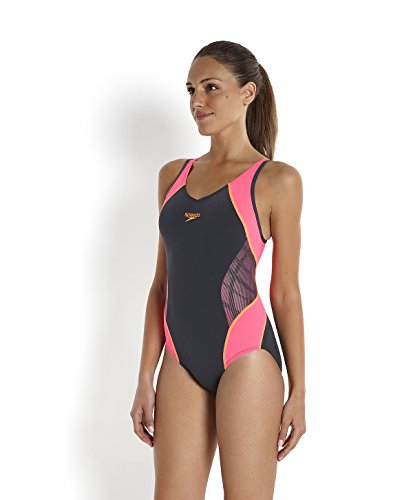 Speedo Women's Splice músculo Trasero Traje de Ajuste Gris Oxide Grey/Fluorescent Pink/Fluorescent Orange Talla:Talla 36