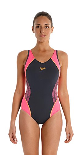 Speedo Women's Splice músculo Trasero Traje de Ajuste Gris Oxide Grey/Fluorescent Pink/Fluorescent Orange Talla:Talla 36