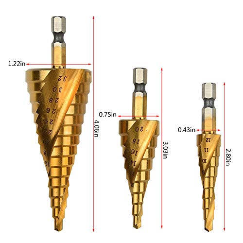 Spiral 3 Piezas Brocas Hss Drill Bits - Brocas Escalonadas Brocas de Acero HSS Brocas Cortas High Speed Steel, 3 Piezas de 4-12/20 / 32 mm