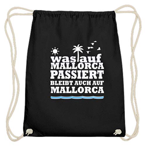 SPIRITSHIRTSHOP Was auf Mallorca passiert, Bleibt auch auf Mallorca. Vacaciones, fiestas, celebraciones, fiestas. Bolsa de gimnasio de algodón, color Negro, tamaño 37cm-46cm