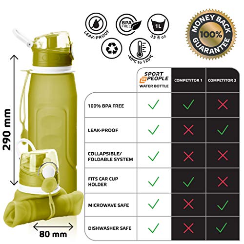 sport2people Botella de Agua Plegable de Silicona de 1 L, Calidad médica, sin BPA, con válvula de Seguridad para Viajes, Deportes, Exteriores, Camping (Army Green)