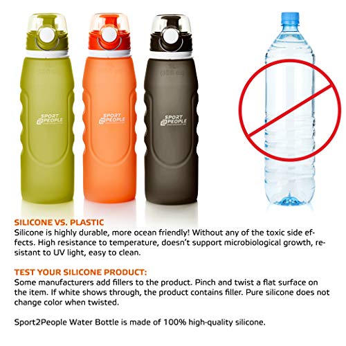 sport2people Botella de Agua Plegable de Silicona de 1 L, Calidad médica, sin BPA, con válvula de Seguridad para Viajes, Deportes, Exteriores, Camping (Army Green)