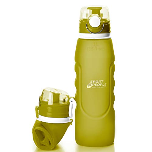 sport2people Botella de Agua Plegable de Silicona de 1 L, Calidad médica, sin BPA, con válvula de Seguridad para Viajes, Deportes, Exteriores, Camping (Army Green)
