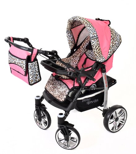 Sportive X2, 3-in-1 Travel System incl. Baby Pram with Swivel Wheels, Car Seat, Pushchair & Accessories (3-in-1 Travel System, Pink & Leopard)