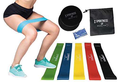 Sportness & Health Bandas elásticas ejercicio y musculación Discos deslizantes resistencia Toalla y bolsa. Super Kit.