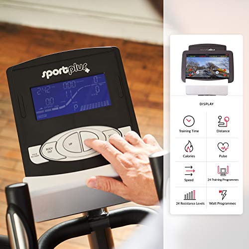 SportPlus SP-ET-9600-iE Bicicleta Elíptica con Aplicación para Smartphone, 24 Niveles de Resistencia, Sensores de Pulso Manual, Peso del Usuario 150 kg, 120x62x160cm