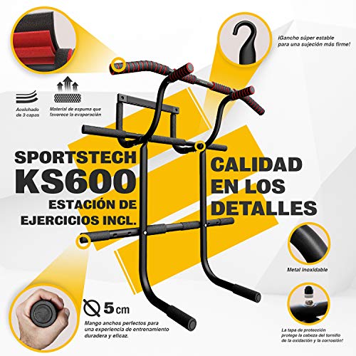 Sportstech 6en1 Barra de Dominadas - Marca de Calidad Alemana - Barra para Puerta sin Taladrar, Entrenamiento de Fuerza Crossfit en casa, KS600 Multifuncional + eBook Gratis