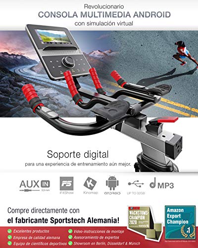 Sportstech Bicicleta de Elite - Marca de Calidad Alemana - Eventos en Directo & App Multijugador, Sistema de Freno magnético controlado por Ordenador, Volante de 26KG, Manillar Deportivo - SX600