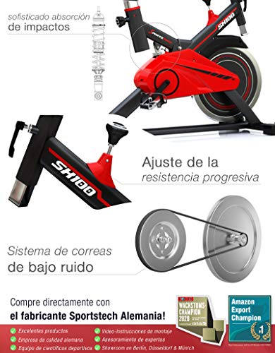 Sportstech Bicicleta Estática Profesional | Bicicleta de Ejercicio con Volante de Inercia 13kg y eBook | Bicicleta para casa - Video Eventos & App Multijugador | Bicicleta Fitness hasta 120 Kg | SX100