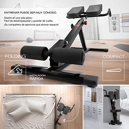 Sportstech BRT150 Entrenador de espalda y abdomen 6en1; ergonómico y ajustable; sistema único de bloqueo y fácil de plegar, diseño antideslizante, banco de pesas + fijación de pierna adaptable (Negro)