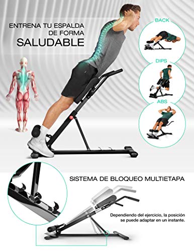 Sportstech BRT150 Entrenador de espalda y abdomen 6en1; ergonómico y ajustable; sistema único de bloqueo y fácil de plegar, diseño antideslizante, banco de pesas + fijación de pierna adaptable (Negro)