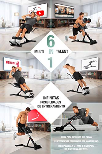 Sportstech BRT150 Entrenador de espalda y abdomen 6en1; ergonómico y ajustable; sistema único de bloqueo y fácil de plegar, diseño antideslizante, banco de pesas + fijación de pierna adaptable (Negro)