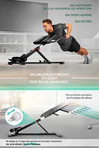 Sportstech BRT150 Entrenador de espalda y abdomen 6en1; ergonómico y ajustable; sistema único de bloqueo y fácil de plegar, diseño antideslizante, banco de pesas + fijación de pierna adaptable (Negro)