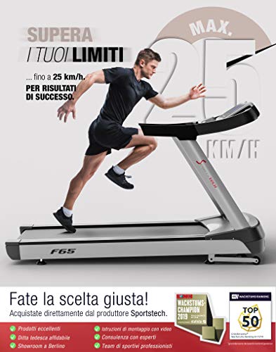 Sportstech - Cinta de correr profesional F65 con pantalla de 7”, 8,5 PS, 25 km/h, función HRC 109 programas, superficie para correr extragrande de 1600 x 600 mm, F65 (2019) Sportstech - Cinta de correr profesional F65 con pantalla de 7”, 8,5 PS, 25 km/h, función HRC 109 programas, superficie para correr extragrande de 1600 x 600 mm, F65 (2019)