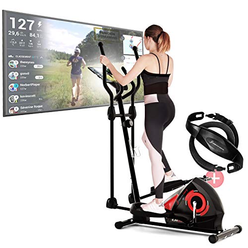 Sportstech CX608 Bicicleta Elíptica para Casa | Marca de Calidad Alemana | Video Eventos, App Multijugador & Consola Bluetooth | Elíptica con Cinturón de Pulso | Entrenamiento | Soporte para Tablet