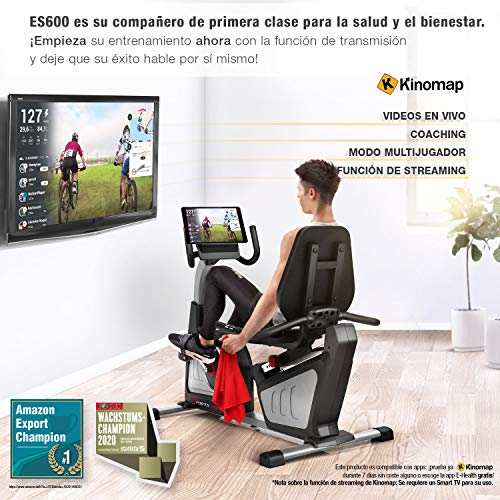 Sportstech ES600 Bicicleta Estática Reclinada Profesional -Marca de Calidad Alemana -Eventos en Directo y App multijugador, Suministro eléctrico autónomo + HRC+ Opcional con Correa de Pulso