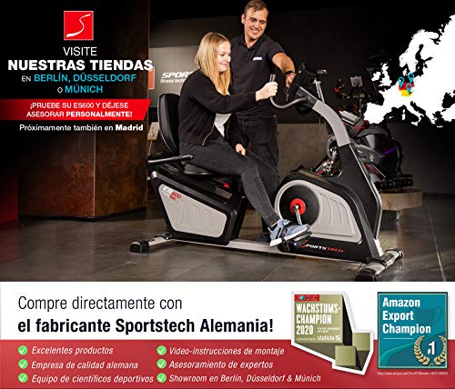 Sportstech ES600 Bicicleta Estática Reclinada Profesional -Marca de Calidad Alemana -Eventos en Directo y App multijugador, Suministro eléctrico autónomo + HRC+ Opcional con Correa de Pulso