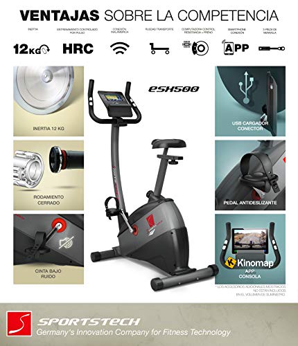 Sportstech ESX500 Bicicleta estática - Marca de Calidad Alemana - Vídeos en Directo y App multijugador + Pantalla de 5,5", Masa de Volante de 12KG, Compatible con pulsómetro - Correa silenciosa