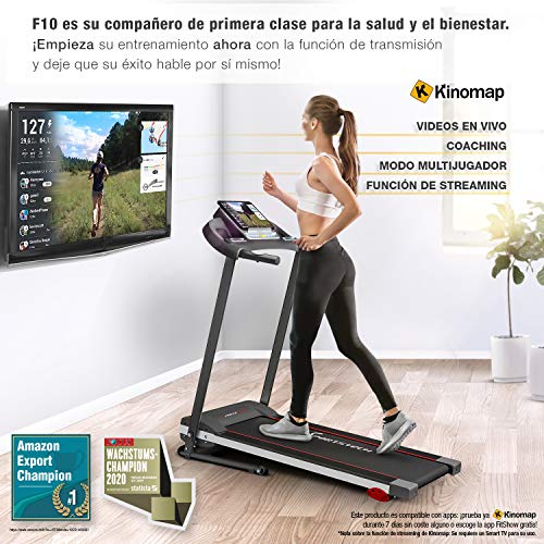 Sportstech F10 Cinta de Correr Modelo 2020 - Marca Alemana de Calidad + Video Eventos y App multijugador - Nueva Consola - | 1HP a 10 km/h | Cinta de Andar con 13 programas, inclinable + Plegable