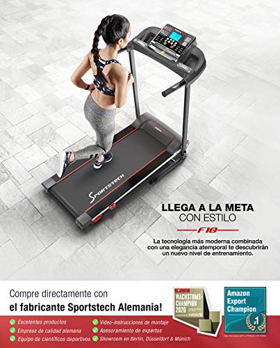 Sportstech F10 Cinta de Correr Modelo 2020 - Marca Alemana de Calidad + Video Eventos y App multijugador - Nueva Consola - | 1HP a 10 km/h | Cinta de Andar con 13 programas, inclinable + Plegable