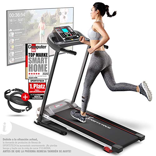 Sportstech F10 Cinta de Correr Modelo 2020 - Marca Alemana de Calidad + Video Eventos y App multijugador - Nueva Consola - | 1HP a 10 km/h | Cinta de Andar con 13 programas, inclinable + Plegable