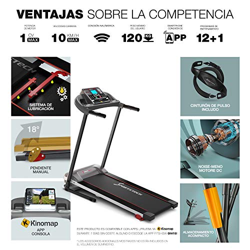 Sportstech F10 Cinta de Correr Modelo 2020 - Marca Alemana de Calidad + Video Eventos y App multijugador - Nueva Consola - | 1HP a 10 km/h | Cinta de Andar con 13 programas, inclinable + Plegable