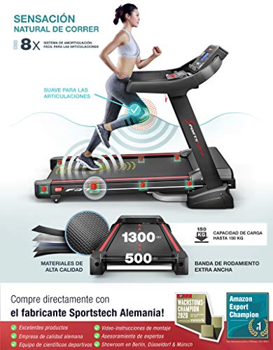 Sportstech F37 Cinta de Correr Profesional -Marca Alemana de Calidad- Video Eventos y App multijugador, 7hp a 20 km/h+Sistema lubricación, Plegable, TÜV/GS, Pulsómetro Incl, Altavoces, hasta 150kg