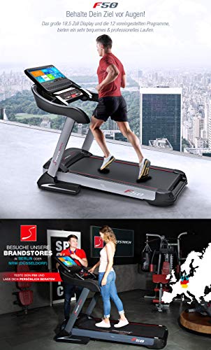 Sportstech F50 - Cinta de correr profesional con gran pantalla táctil LCD de 18,5 pulgadas y sistema operativo Android, más de 18 km/h, soporte para tableta, conexión USB y Wi-Fi, función autolubricante, pendiente del 15% y tamaño compacto y plegable