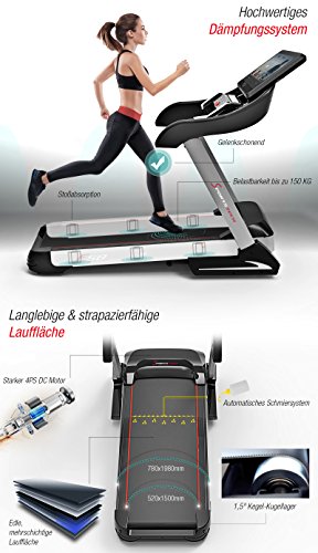 Sportstech F50 - Cinta de correr profesional con gran pantalla táctil LCD de 18,5 pulgadas y sistema operativo Android, más de 18 km/h, soporte para tableta, conexión USB y Wi-Fi, función autolubricante, pendiente del 15% y tamaño compacto y plegable