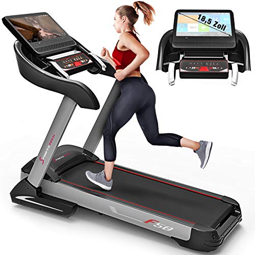 Sportstech F50 - Cinta de correr profesional con gran pantalla táctil LCD de 18,5 pulgadas y sistema operativo Android, más de 18 km/h, soporte para tableta, conexión USB y Wi-Fi, función autolubricante, pendiente del 15% y tamaño compacto y plegable