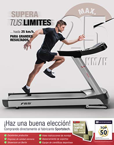 Sportstech F65 Cinta de Correr Profesional con Pantalla de 7 Pulgadas, 8.5 HP hasta 25 km/h - Superficie de Carrera Extra Grande de 1600x600mm - Función HRC - 109 Programas de Entrenamiento