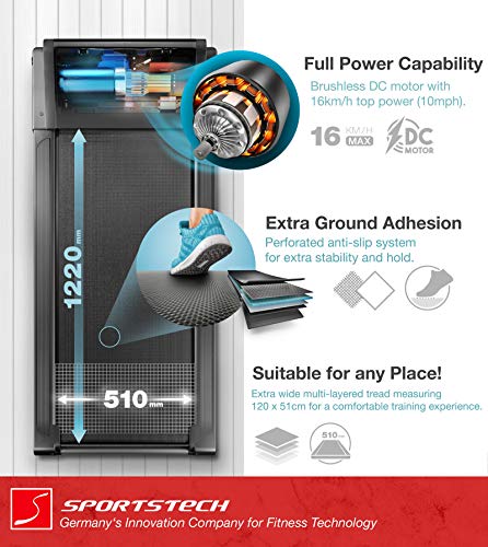 Sportstech FX300 Cinta de Correr Ultra Fina - Marca de Calidad Alemana - Live Videos & App Multiplayer, Superficie de Correr Gigante 51x122cm y sin Montaje, 16 km/h, USB, Pulsómetro Compatible (FX300)