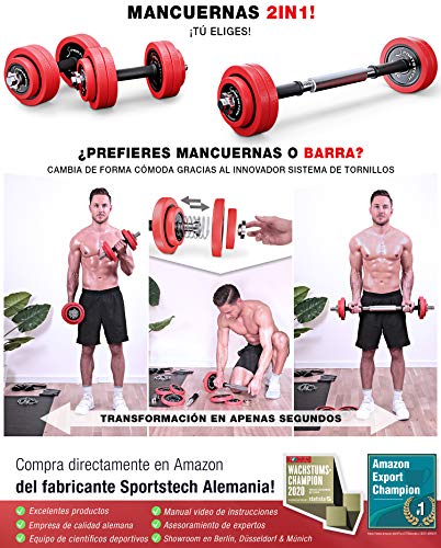 Sportstech Juego de Mancuernas 2en1 AH300 con Recubrimiento de Silicona y Barra Ajustable, Pesas Hierro Fundido de 20 kg / 30 kg, para Entrenamiento de Fuerza (Set de 15KG x 2)